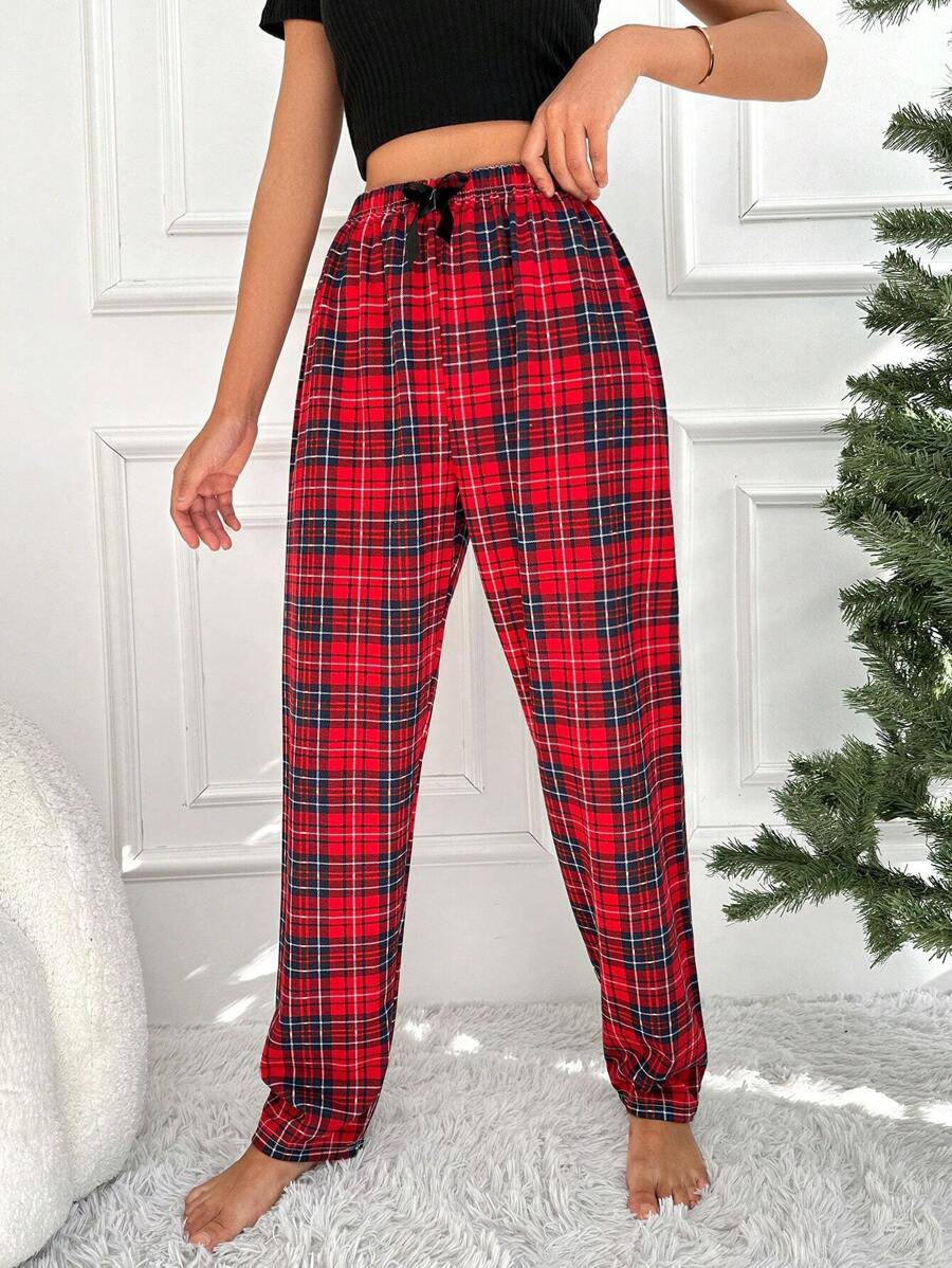 RueChic Tartan Print Bow Front Sleep Pants - Red - View 1