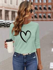 SHEIN LUNE 愛心圖案T恤 - 綠色 - 查看 4