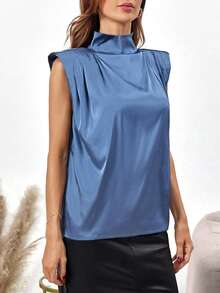 SHEIN Clasi Mock Neck Shoulder Pad Satin Top - Blue - View 6