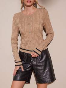 SHEIN Essnce 條紋飾邊前紐扣短款毛衣 - 彩色 - 查看 4