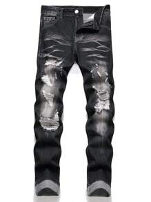 Tween Boy Ripped Frayed Cat Scratch Jeans - Black - View 1