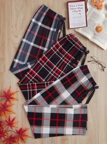 3pcs Plaid Print Bow Front Pajama Sleep Pants Bow Tie, Fall Winter Clothes