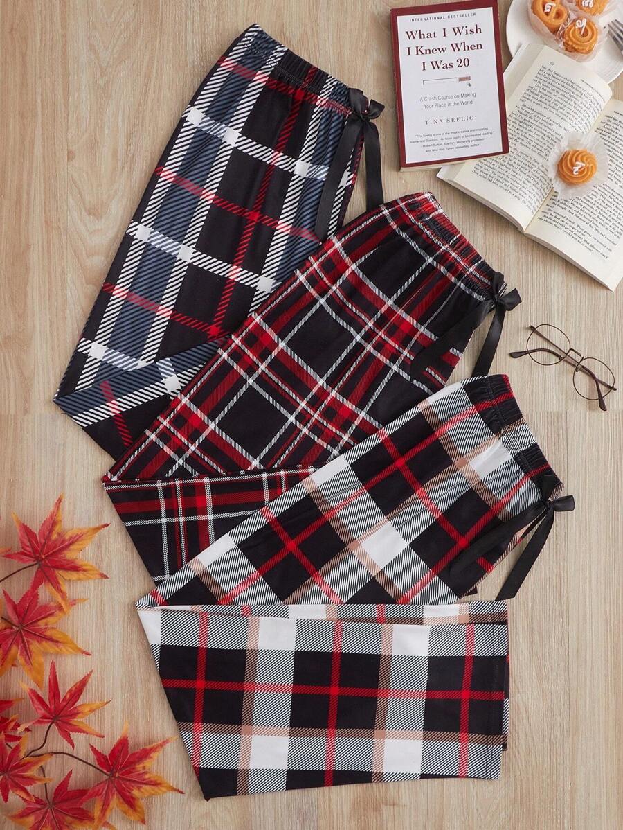 3pcs Plaid Print Bow Front Pajama Sleep Pants Bow Tie, Fall Winter Clothes