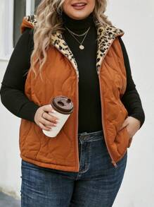 SHEIN LUNE 加豹紋拉鍊連帽背心絎縫外套 - 珊瑚橙 - 查看 2