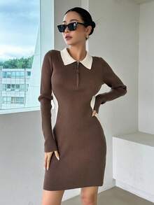 DAZY Panel Tương phản Khóa kéo một phần tư Đầm Áo len - màu nâu - Xem 8