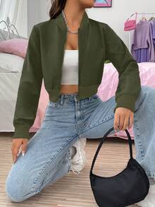 SHEIN Unity Dây kéo Mùa vụ Áo khoác bomber - xanh quân đội - Xem 6