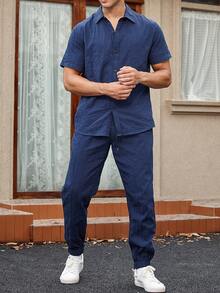 Manfinity Homme 男士素色襯衫&腰部抽繩長褲不帶T恤 - 寶藍色 - 查看 6