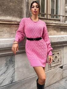 EURMUSE Solid Drop Shoulder Sweater Without Belt - Pink - View 1