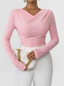 Firerie Solid V Neck Ribbed Knit Pink Top Tee - Pink - View 4