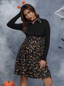 SHEIN 孕婦萬聖印花繫腰帶洋裝 - 黑色 - 查看 4