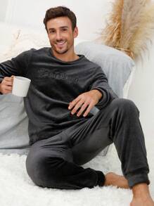 男士字母刺绣法兰绒睡衣套装/蓬松睡衣套装，秋冬舒适服装