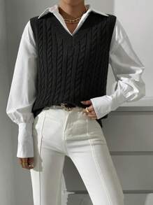 Chiquease Cable Knit Sweater Vest Without Blouse - Black - View 4