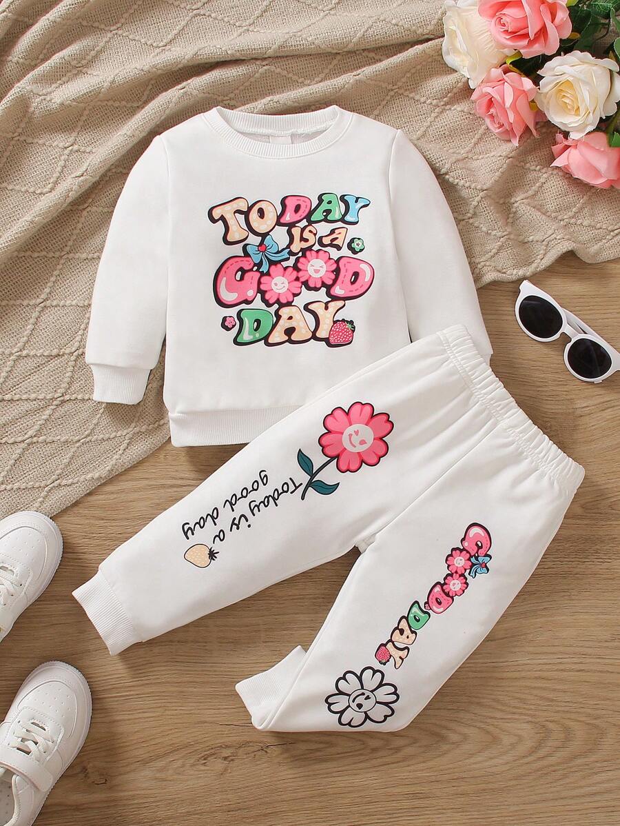 女嬰花卉和標語圖案運動衫和運動褲 - 白色 - 查看 1