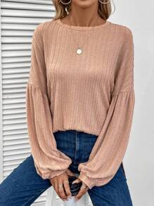 SHEIN LUNE Solid Lantern Sleeve Drop Shoulder Tee - Coffee Brown - View 1