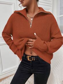 SHEIN Unity Half Zipper Drop Shoulder Sweater - Brown - View 1