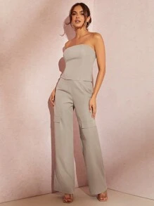 SHEIN BAE 素色抹胸上衣&闊腿褲 - 淺灰色 - 查看 3