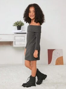 Young Girl Foldover Off Shoulder Dress - Grey - View 4
