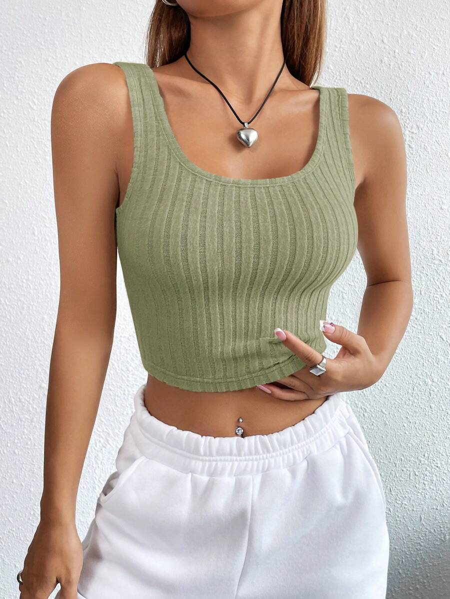 SHEIN EZwear Solid Crop Tank Top - Army Green - View 1