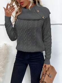 SHEIN LUNE Cable Knit Turtleneck Button Detail Raglan Sleeve Sweater Knit Pullover Fall Winter Outfit - Grey - View 4