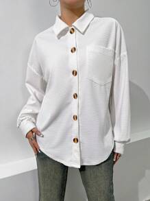 Chiquease 落肩袖口袋貼布前紐扣落肩袖襯衫 - 白色 - 查看 1