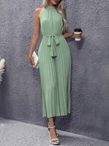 SHEIN Privé Solid Belted Pleated Halter Jumpsuit - Mint Green - View 6