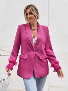 SHEIN Privé Shawl Collar Fuzzy Cuff Single Button Blazer - Pink - View 4