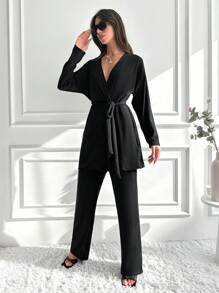 EURMUSE Solid Belted Coat & Pants - Black - View 5