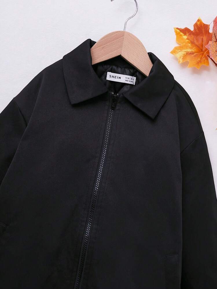 Girls Letter Floral Graphic Zip Up Slant Pocket Drop Shoulder Coat