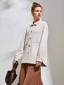 SHEIN Unity Drop Shoulder Pocket Patched Button Front Suedette Shirt - Beige - View 1