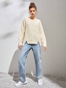 Anewsta 落肩开衩下摆针织套头衫秋冬毛衣 - 杏色 - 查看 5