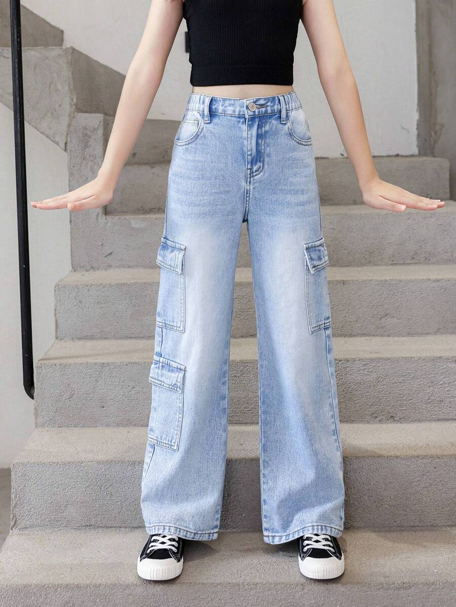 Tween Girl Flap Pocket Side Cargo Jeans - Medium Wash - View 1