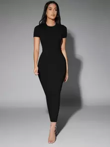 Silquee 純色高剪裁T恤連體衣 - 黑色 - 查看 3