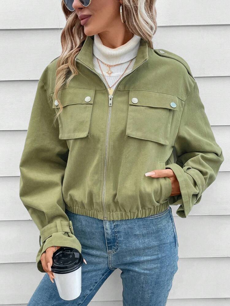 Zip Up Flap Pocket Drop Shoulder Jacket