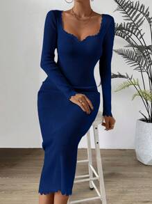 Chiquease Sweetheart Neck Ribbed Knit Sweater Dress Fall Cloth For Women - Blue - View 7