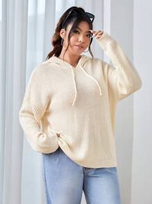 SHEIN EZwear 大碼落肩袖抽繩連帽套頭毛衣 - 米色 - 查看 5