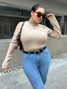 SHEIN Essnce Plus Turtleneck Cold Shoulder Sweater - Khaki - View 3