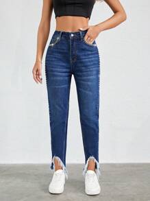 RueChic Studded Beaded Raw Cut Asymmetrical Hem Jeans - Blue - View 5