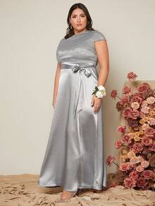 SHEIN Belle Plus Solid Belted Satin Dress - Light Grey - View 6