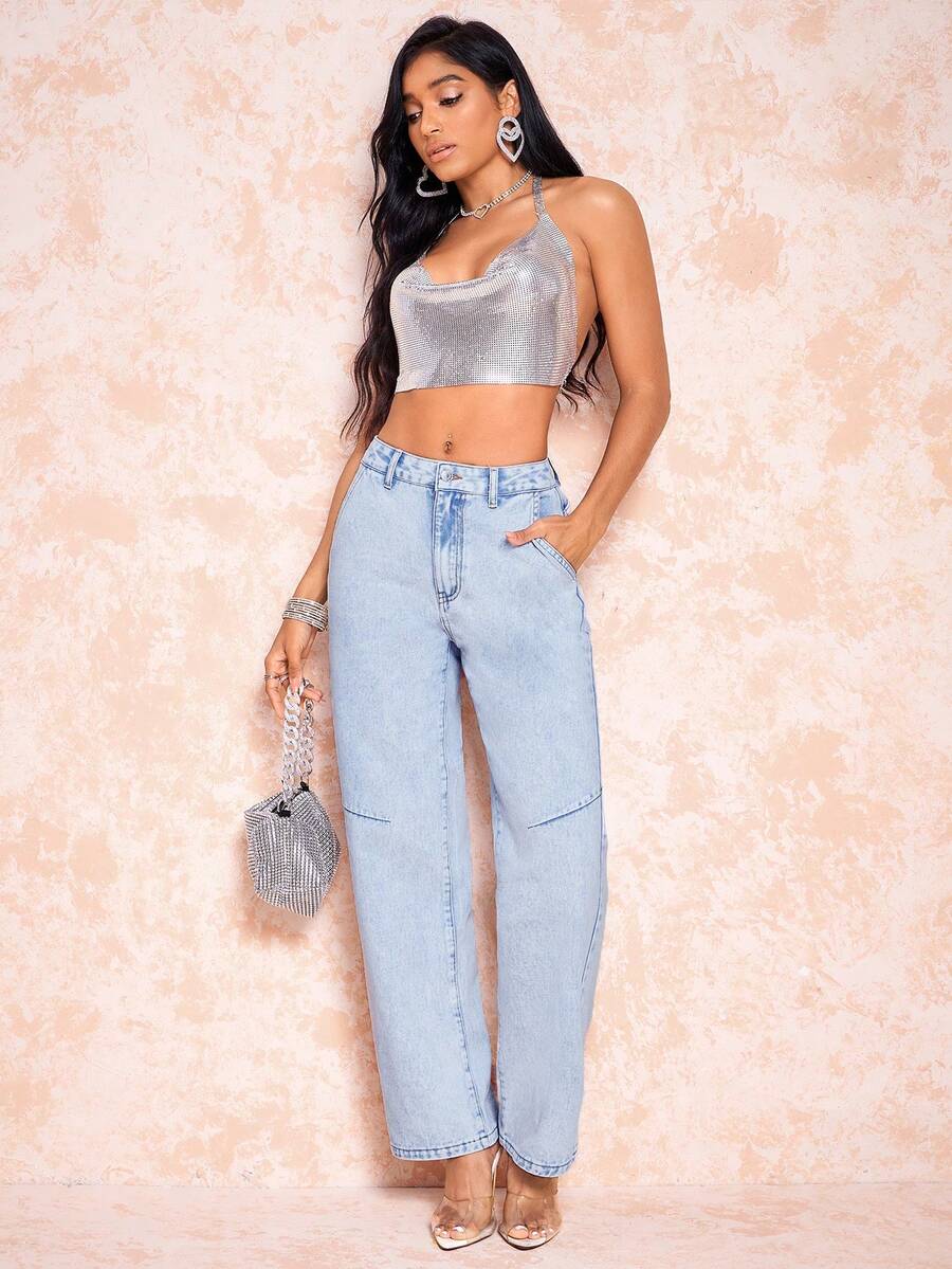 SHEIN BAE Quần jean ống đứng có túi nghiêng - Màu xanh lam - Xem 1