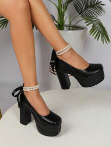 新品到貨女士高跟鞋,雙層防水平台,厚實珍珠細節帶,歐美風格時尚厚底鞋 - 黑色 - 查看 7