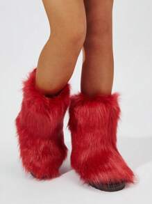 Fashionable Mid-calf Snow Red Boots, Comfortable And Warm Furry Winter Boots - Red - View 4