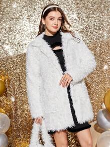 青少年女孩開門襟絨毛外套 - 白色 - 查看 3