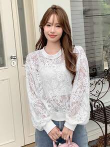 DAZY 素色落肩袖蕾絲運動衫不附吊帶上衣 - 白色 - 查看 4