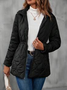 SHEIN LUNE Slant Pocket Zipper Hooded Quilted Padded Coat Clothes Winter - Black - View 1