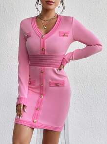 Chiquease Contrast Trim Button Front Bodycon Dress - Pink - View 6