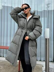 DAZY Drawstring Waist Hooded Puffer Thick Pockets Coat ,Winter Women Clothes,Winter Coat Women - Green - View 1