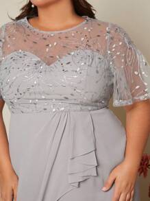 SHEIN Belle Plus Contrast Sequin Mesh Insert Butterfly Sleeve Split Thigh Bridesmaid Dress - Grey - View 6