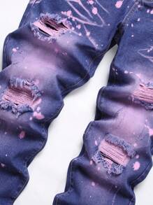 Men Splash Ink Print Ripped Frayed Bleach Wash Jeans - Purple - View 5