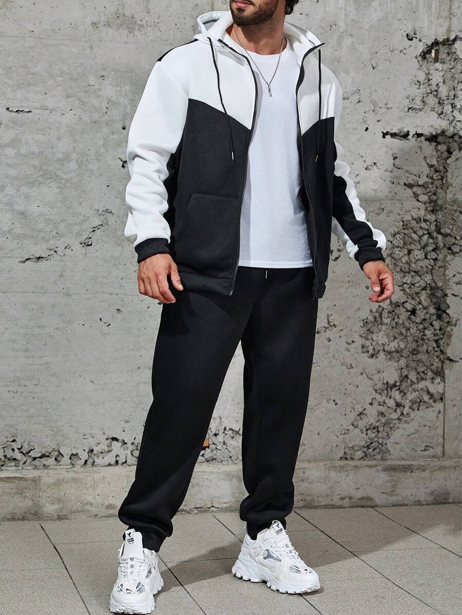 Manfinity Homme 男士加兩色抽繩連帽衫和運動褲 - 彩色 - 查看 1