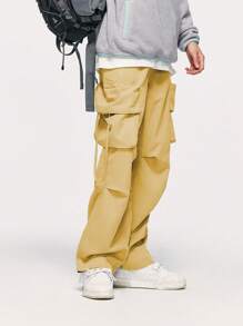Men Flap Pocket Side Drawstring Waist Cargo Pants - Yellow - View 4